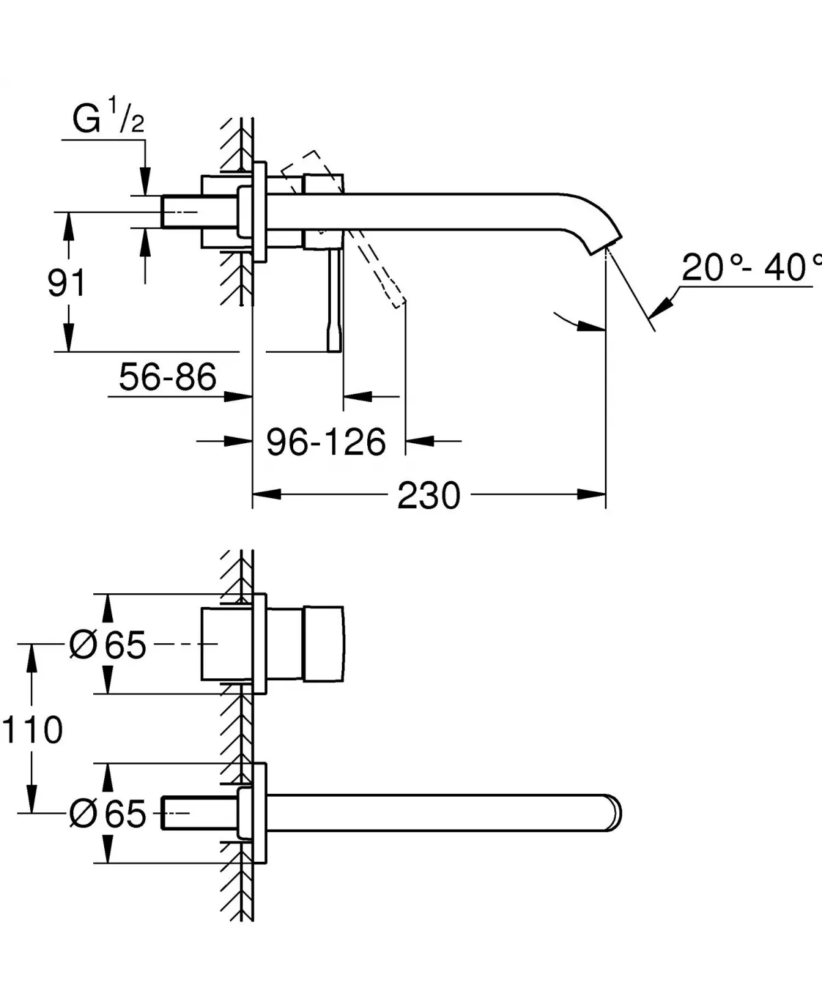 Baterie lavoar Grohe 29193DC1, Essence, pe perete, 230 mm, necesita valva, mat, otel satinat