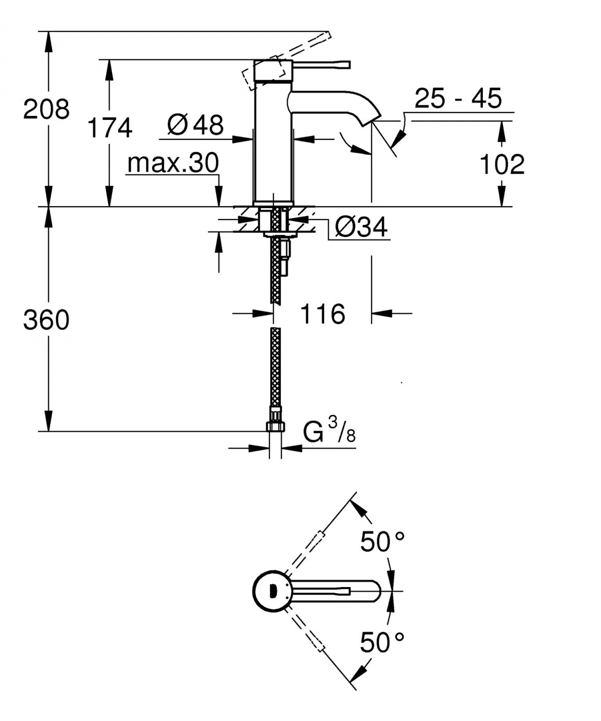 Baterie lavoar Grohe 24172A01, Essence, S, 174 mm, lucios, grafit