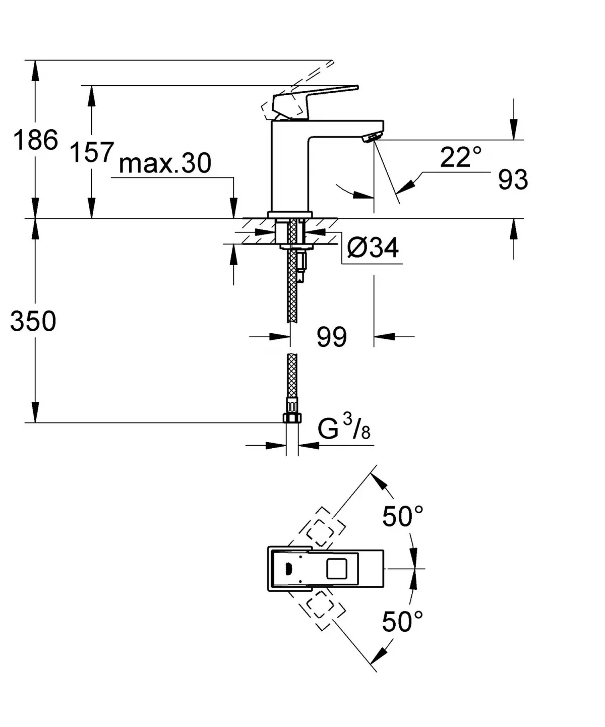 Baterie lavoar Grohe 2313200E, Eurocube, 3/8'', marimea S, crom