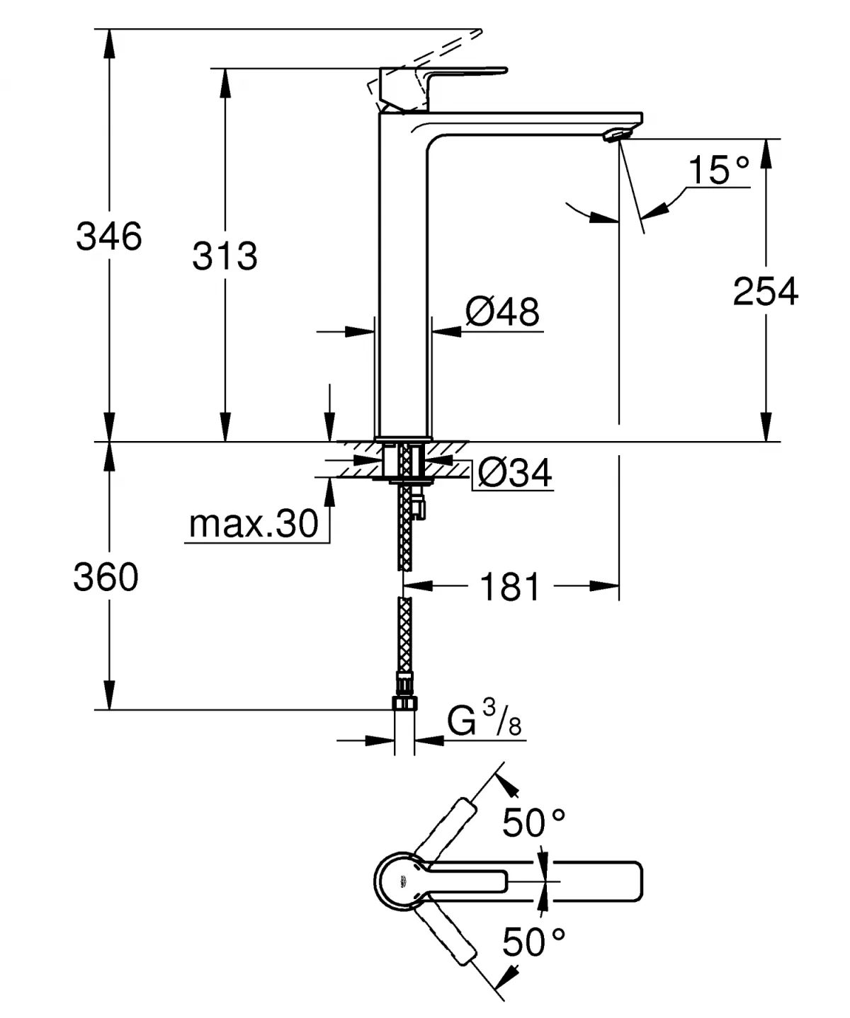 Baterie lavoar Grohe 23405AL1, Lineare, 3/8'', XL, 313 mm, mat, grafit