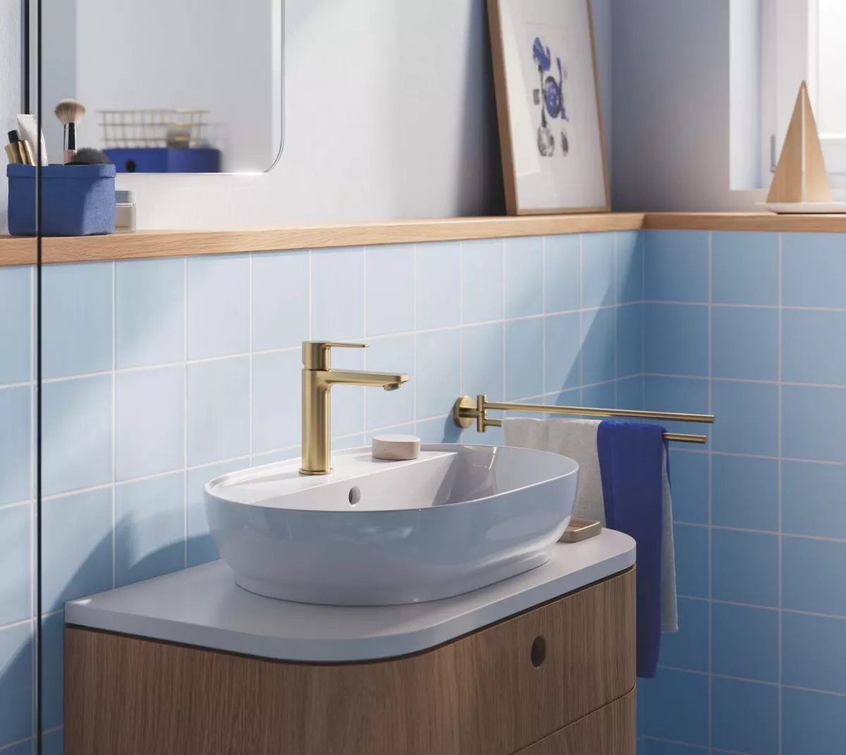 Baterie lavoar Grohe 23106GN1, Lineare, M, 180 mm, ventil, mat, auriu