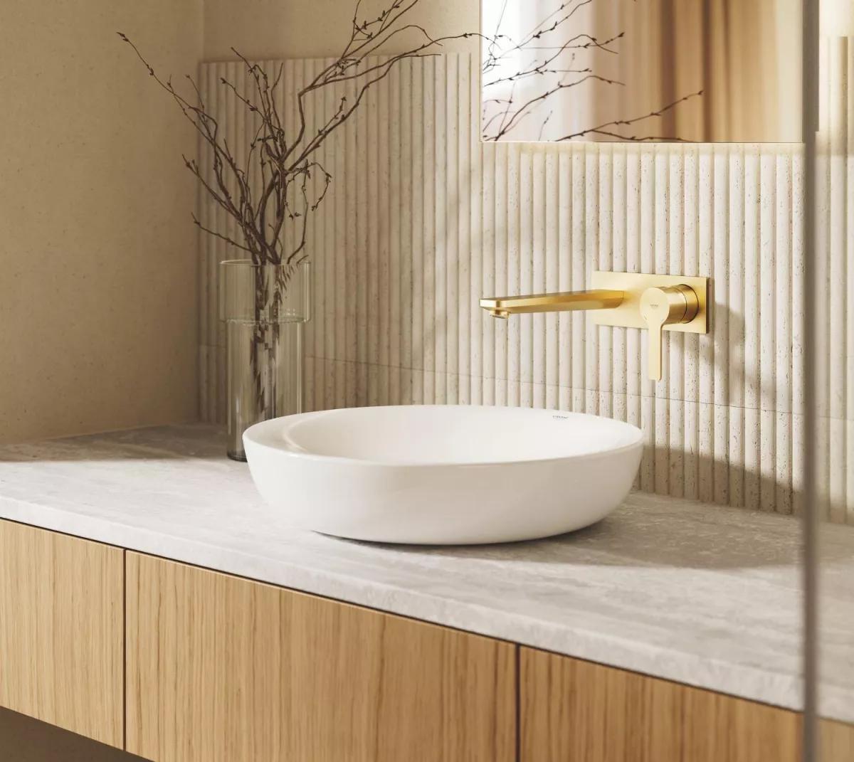 Baterie lavoar Grohe 23444GN1, Lineare, pe perete, 207 mm, necesita valva, mat, auriu