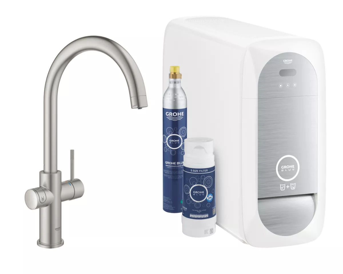 Baterie de bucatarie Grohe 31455DC1, Blue Home, inalta, tip C, filtare, racire, apa carbogazoasa, mat, otel satinat