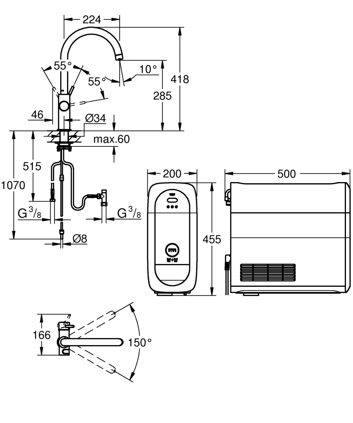 Baterie de bucatarie Grohe 31455DC1, Blue Home, inalta, tip C, filtare, racire, apa carbogazoasa, mat, otel satinat