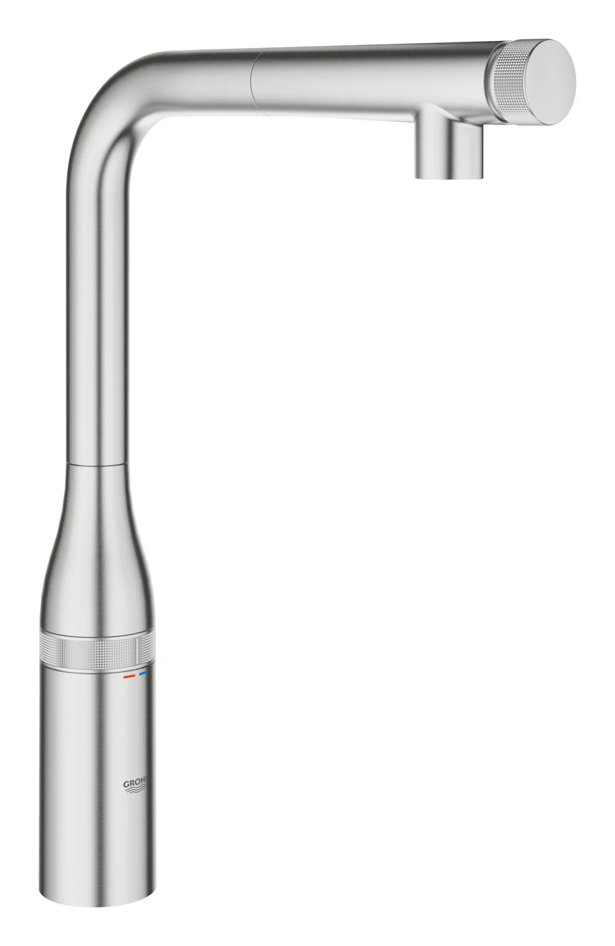 Baterie bucatarie Grohe 31615DC0, Essence Smartcontrol, inalta, tip L, dus extractabil, 2 functii, mat, otel satinat