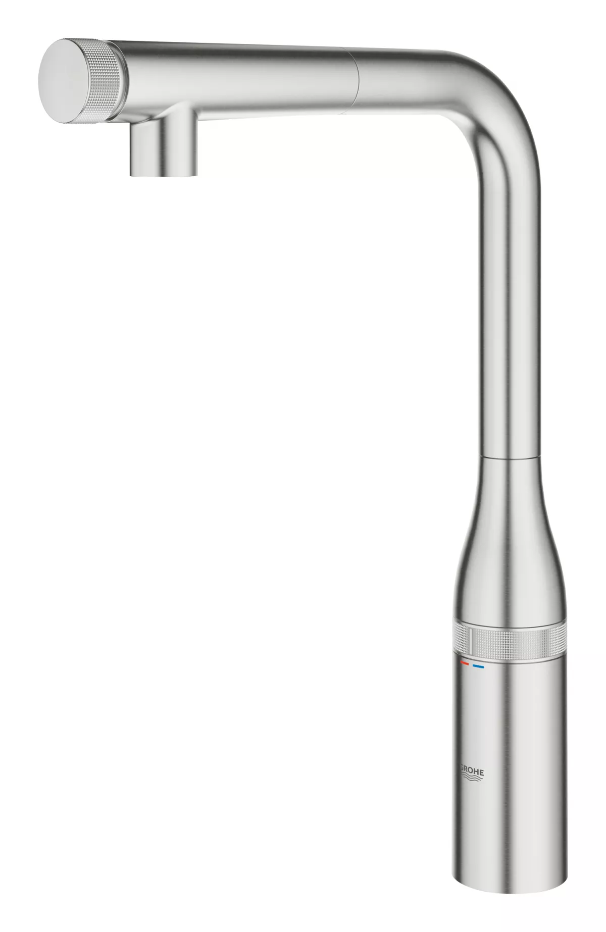 Baterie bucatarie Grohe 31615DC0, Essence Smartcontrol, inalta, tip L, dus extractabil, 2 functii, mat, otel satinat