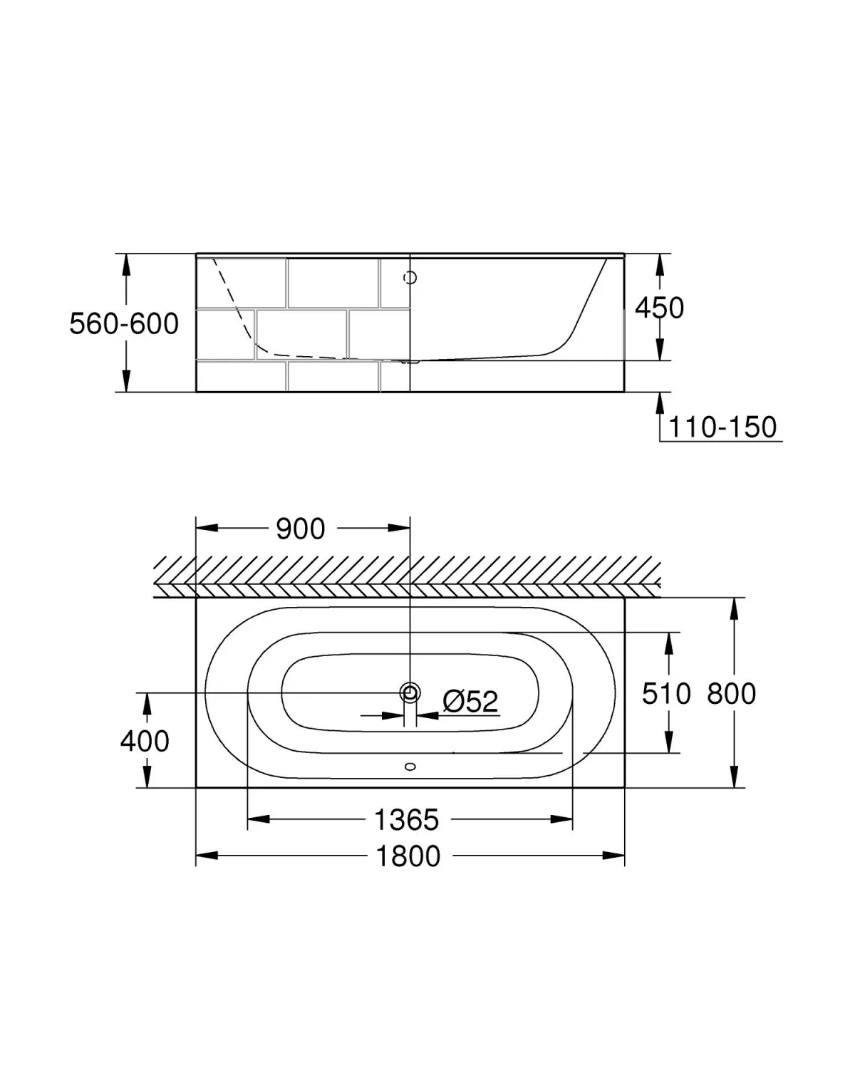Cada din ceramica Grohe 3962000H, Essence, incastrata, 180 x 80 x 45 cm, preaplin, cadru otel, fara set instalare, alb