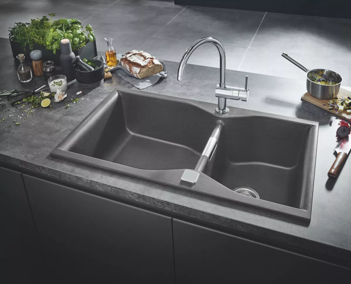Chiuveta bucatarie Quartz Grohe 31658AT0, K700, 900 x 500 mm, 2 cuve, pe blat, evacuare, antracit