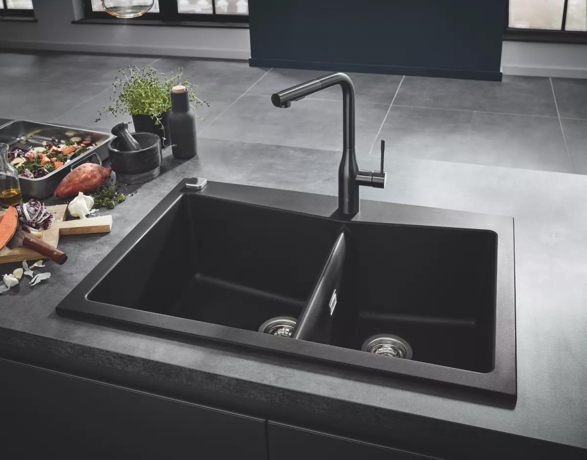 Chiuveta bucatarie Grohe 31657AP0, K700, quartz, 840 x 560 mm, pe blat, 2 cuve, evacuare, negru