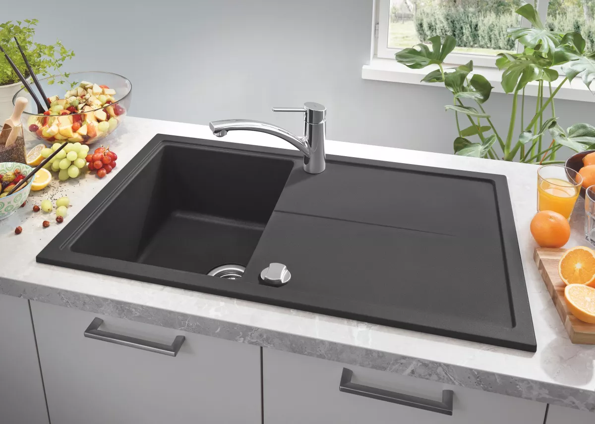 Chiuveta Quartz composite Grohe 31640AP0, K400, 860 x 500 mm, pe blat, reversibila, ventil, negru