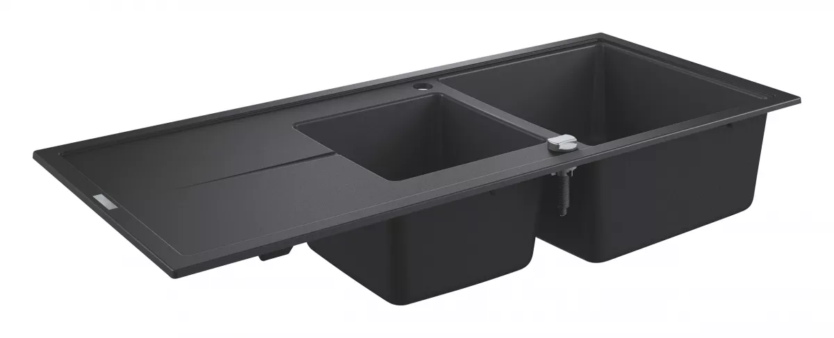 Chiuveta Quartz Grohe 31643AP0, K400, 1160 x 500 mm, 2 boluri, montare pe blat, evacuare, negru