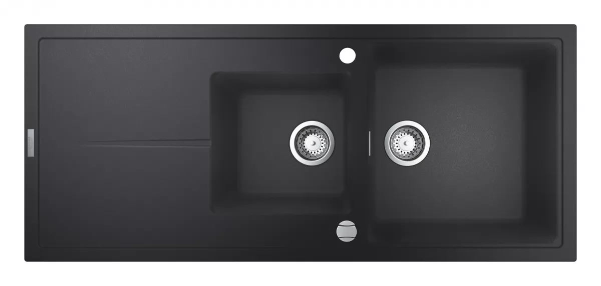 Chiuveta Quartz Grohe 31643AP0, K400, 1160 x 500 mm, 2 boluri, montare pe blat, evacuare, negru