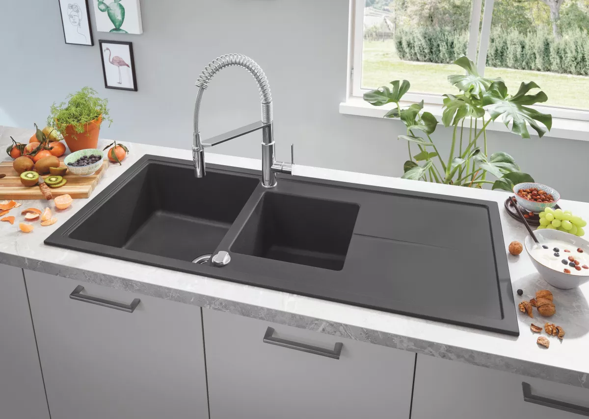 Chiuveta Quartz Grohe 31643AP0, K400, 1160 x 500 mm, 2 boluri, montare pe blat, evacuare, negru
