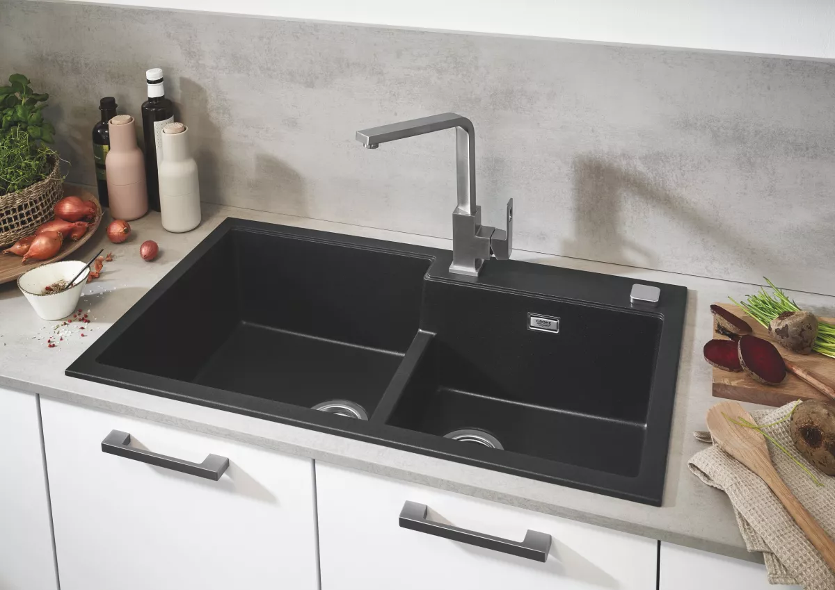 Chiuveta Quartz composite Grohe 31649AP0, K500, 860 x 500 mm, 2 boluri, montare pe blat, evacuare automata
