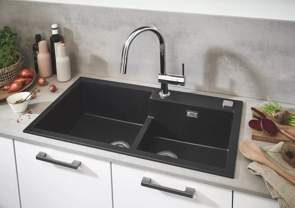 Chiuveta Quartz composite Grohe 31649AP0, K500, 860 x 500 mm, 2 boluri, montare pe blat, evacuare automata