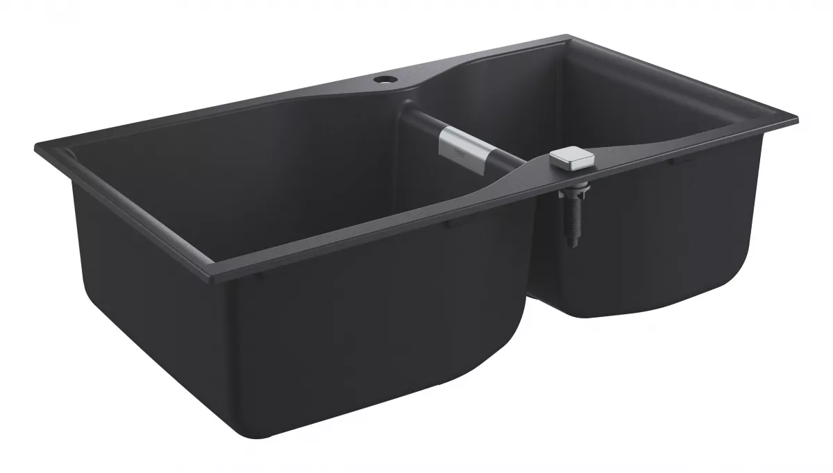 Chiuveta Quartz Grohe 31658AP0, K700, 900 x 500 mm, reversibil, 2 boluri, montare pe blat, evacuare, negru