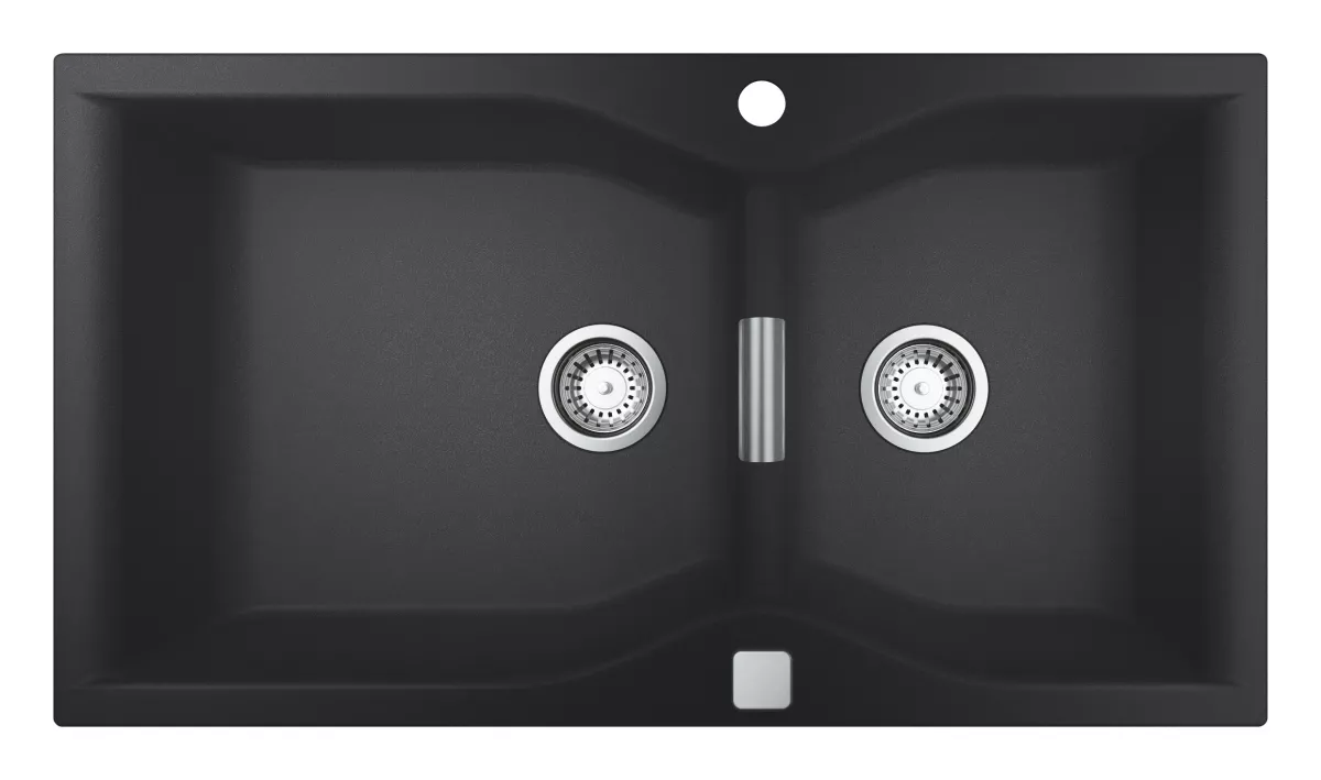 Chiuveta Quartz Grohe 31658AP0, K700, 900 x 500 mm, reversibil, 2 boluri, montare pe blat, evacuare, negru
