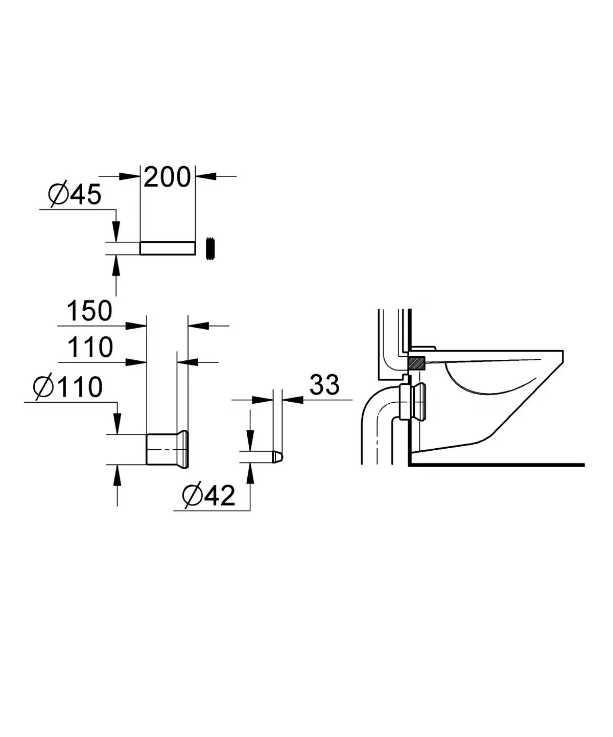Conexiune WC Grohe 37104K00, suspendat, 200/150 mm, ABS