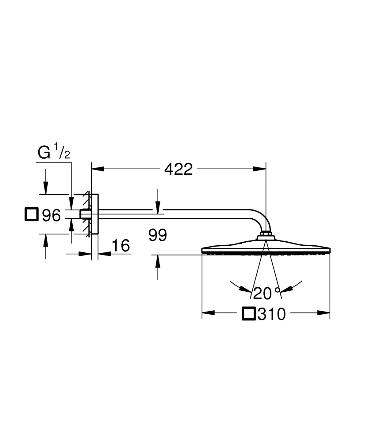 Dus fix Grohe 26564GN0, Rainshower 310 Cube, 1/2'', pe perete, 310 mm, 1 functie, mat, auriu