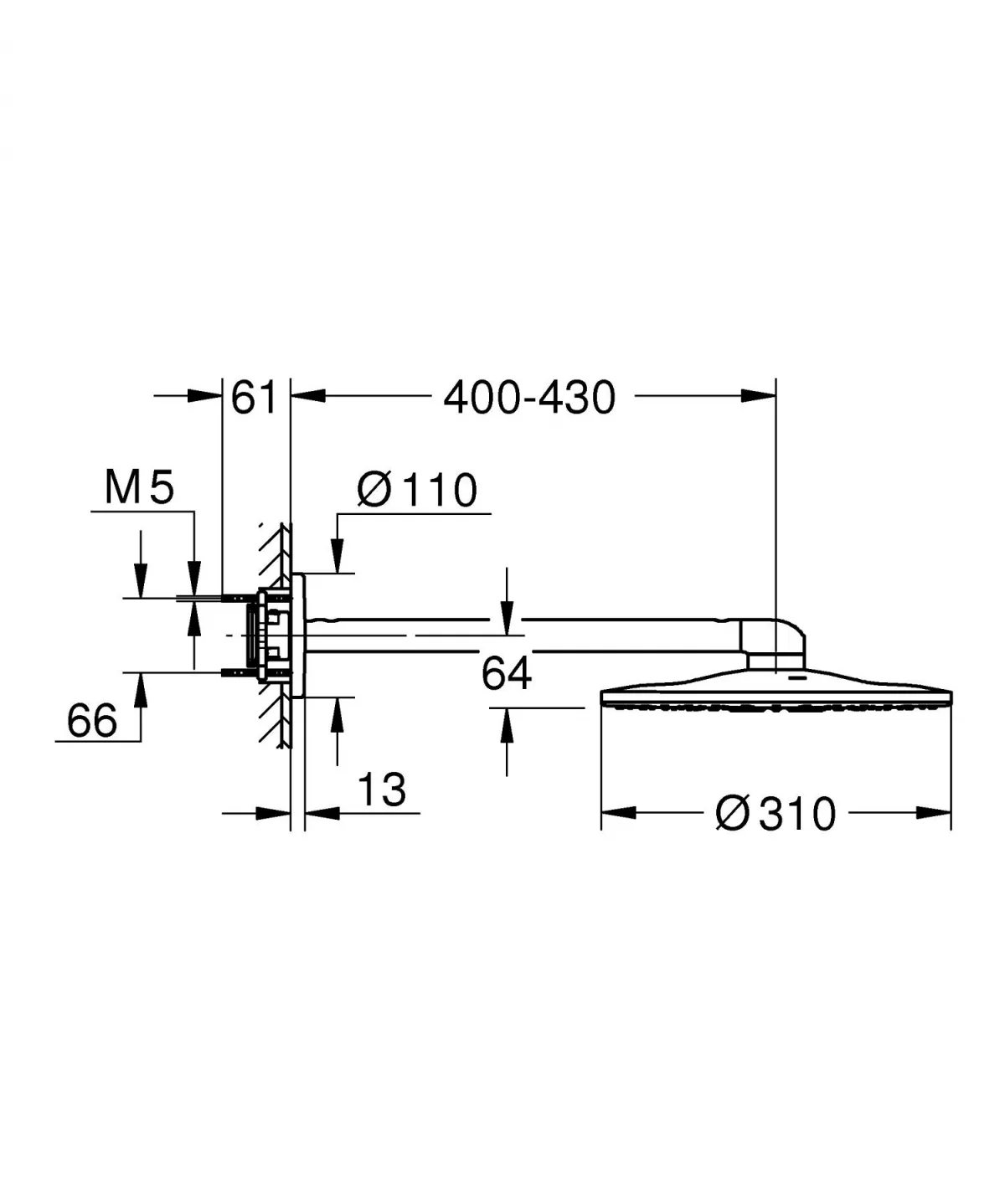 Dus fix Grohe 26475AL0, SmartActive 310, 1/2'', pe perete, 310 mm, 2 functii, necesita valva, mat, grafit