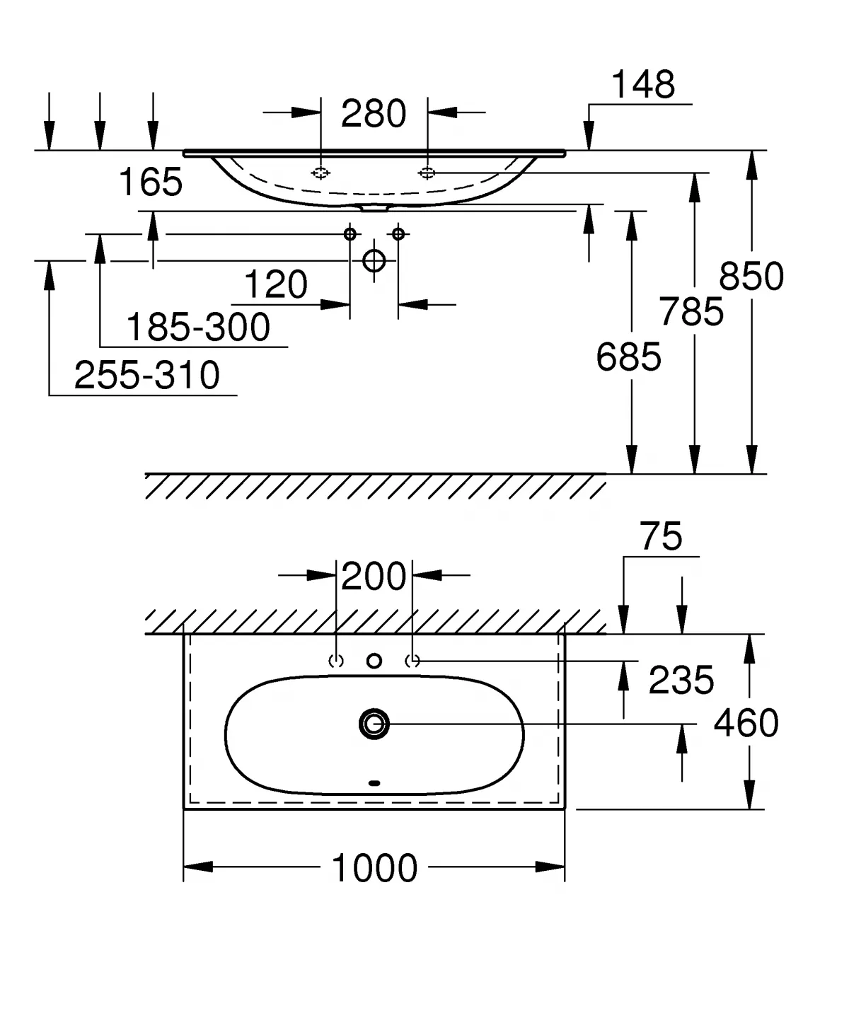 Lavoar Grohe 3956600H, Essence Vanity, montare pe perete/blat, 1000 x 460 mm, anti-aderent, anti-bacterian