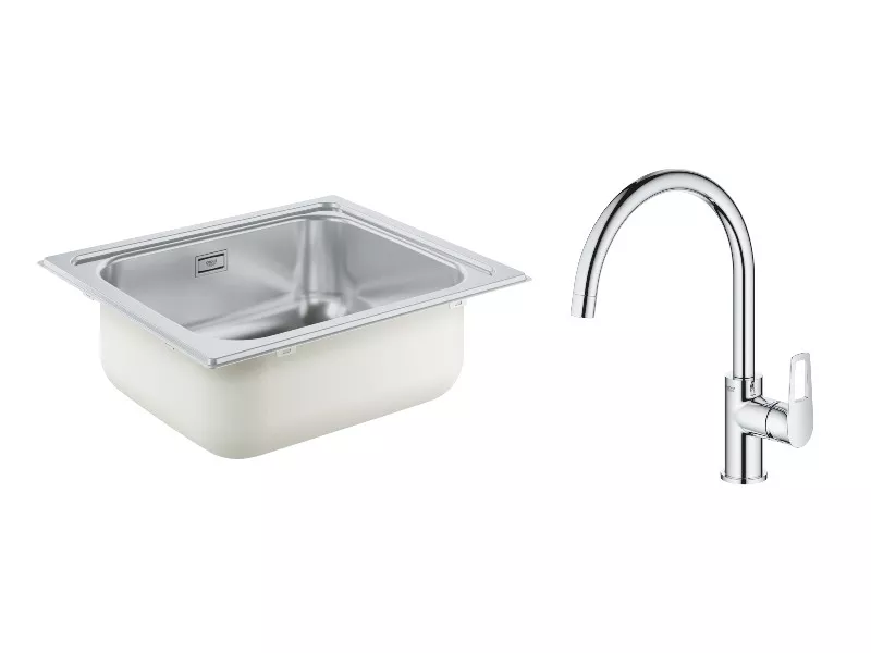 Pachet chiuveta Grohe 31719SD0, K200, 533 x 458 mm, o cuva, montare pe blat + baterie Bauloop 31368001, 3/8''