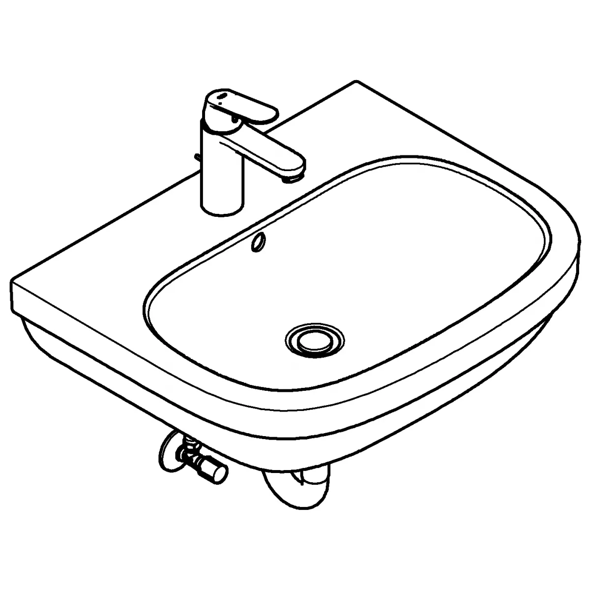 Pachet 3in1 lavoar Grohe 39642KW0, Euro Ceramic, 600 x 480 mm, pe perete, baterie Grohe neagra, sifon, evacuare, valve