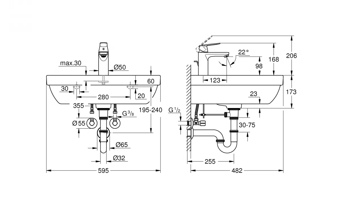 Pachet 3in1 lavoar Grohe 39642KW0, Euro Ceramic, 600 x 480 mm, pe perete, baterie Grohe neagra, sifon, evacuare, valve