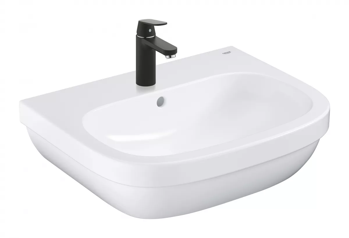 Pachet 3in1 lavoar Grohe 39642KW0, Euro Ceramic, 600 x 480 mm, pe perete, baterie Grohe neagra, sifon, evacuare, valve