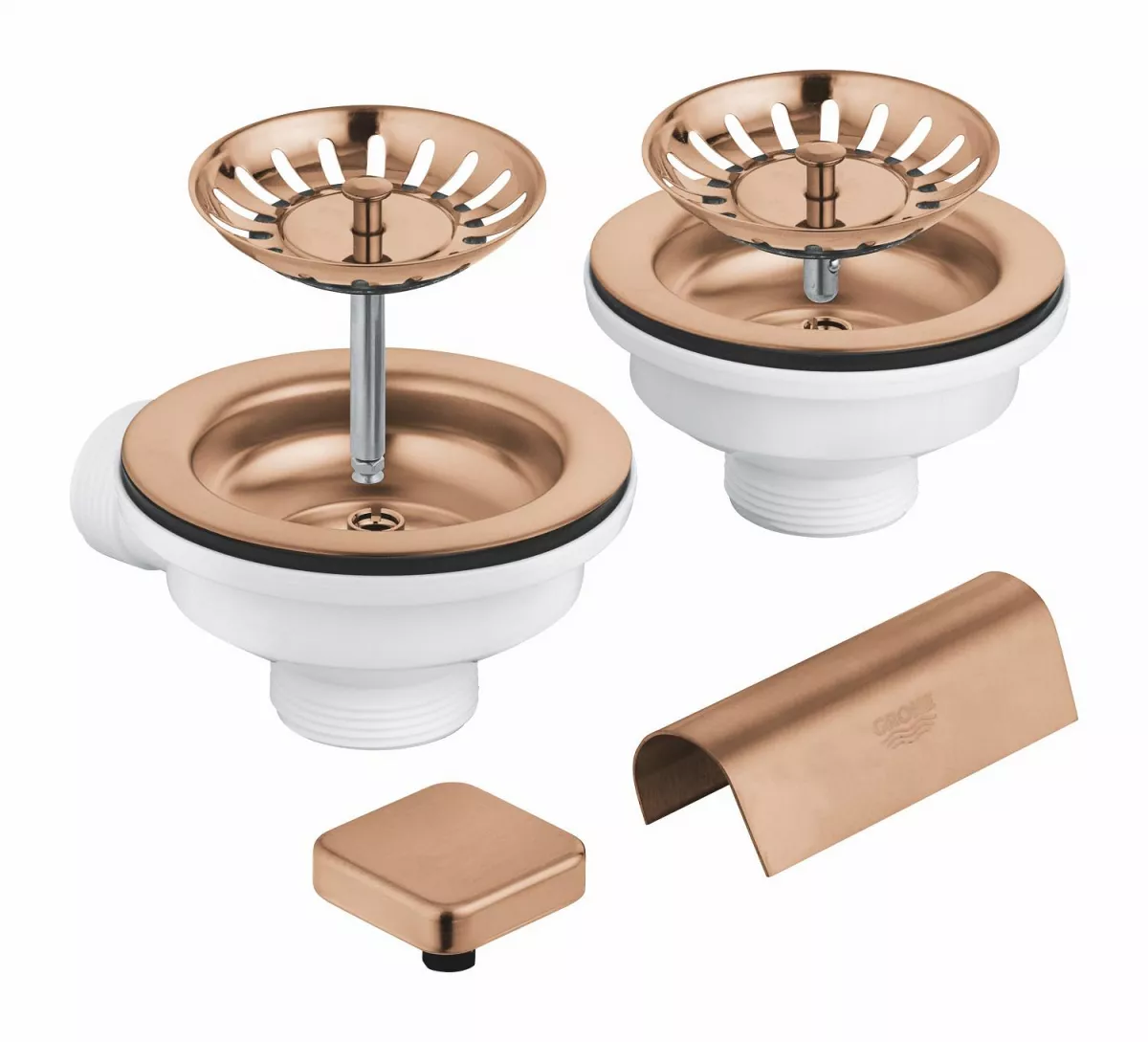 Sifon chiuveta bucatarie Grohe 40999DL0, universal, ornament buton, pentru 2 cuve, mat, cupru