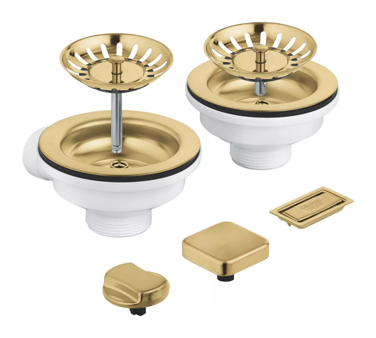 Sifon chiuveta bucatarie Grohe 40998GN0, universal, preplin, pentru 2 cuve, ornament butoane, mat, auriu