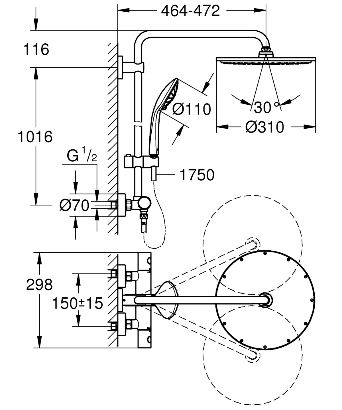 Sistem de dus Grohe 26075A00, Euphoria 310, 1/2'', aparent, termostat, 310 mm, anti-oparire, 3 functii, lucios, grafit