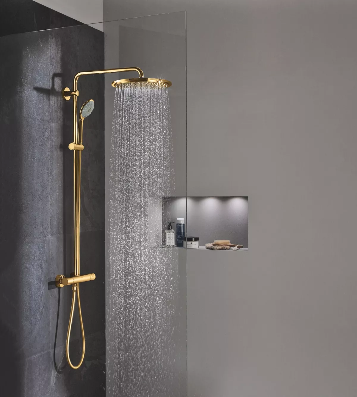 Sistem de dus Grohe 26075GL0, Euphoria 310, 1/2'', aparent, termostat, 310 mm, anti-oparire, lucios, auriu