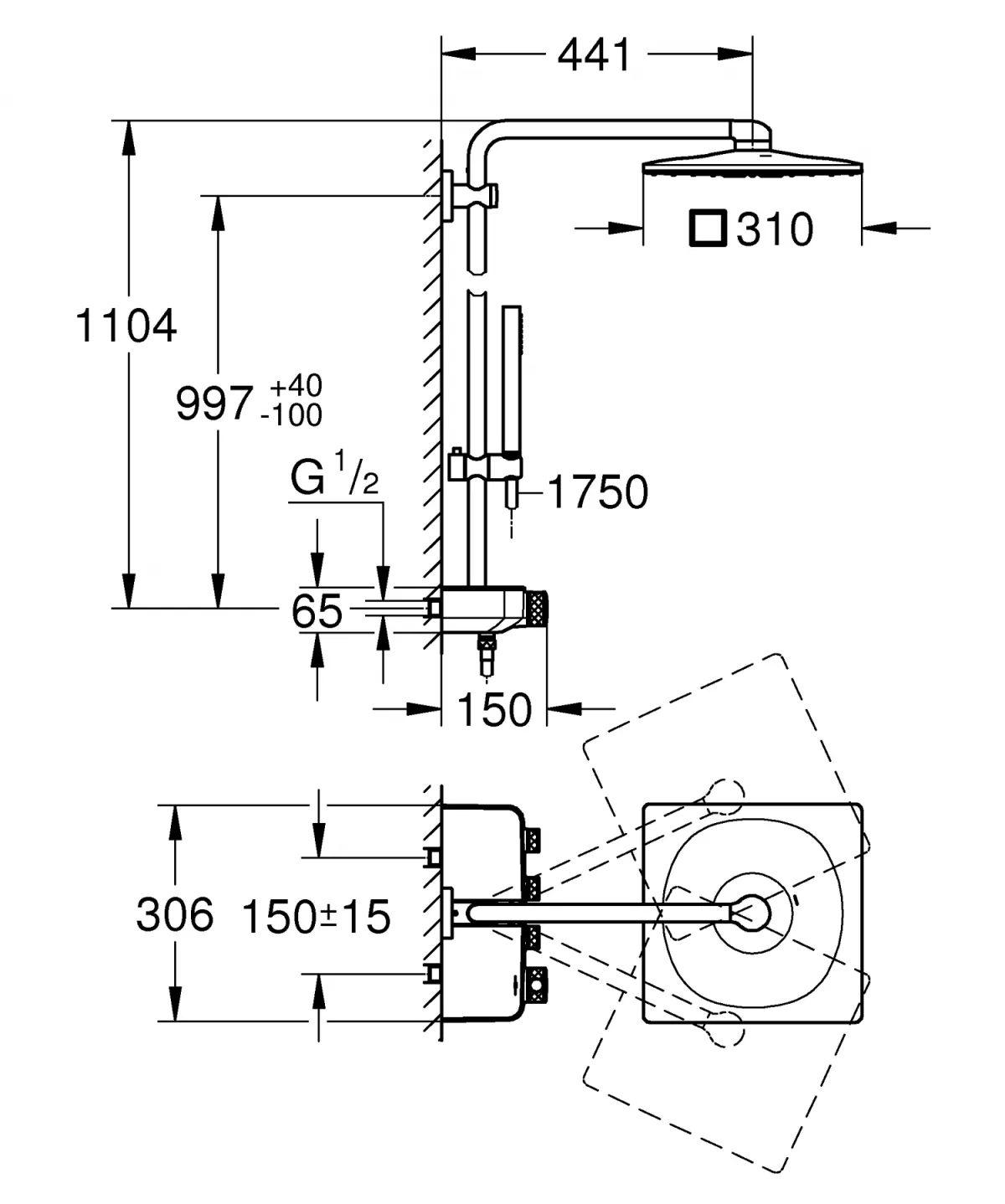 Sistem de dus Grohe 26508A00, SmartControl 310, termostat, 310 mm, 2 functii, lucios, grafit
