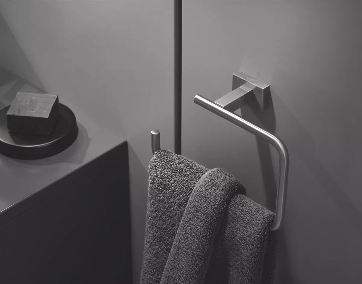 Suport hartie igienica Grohe 40507DC1, Essentials Cube, pe perete, metal, mat, otel satinat