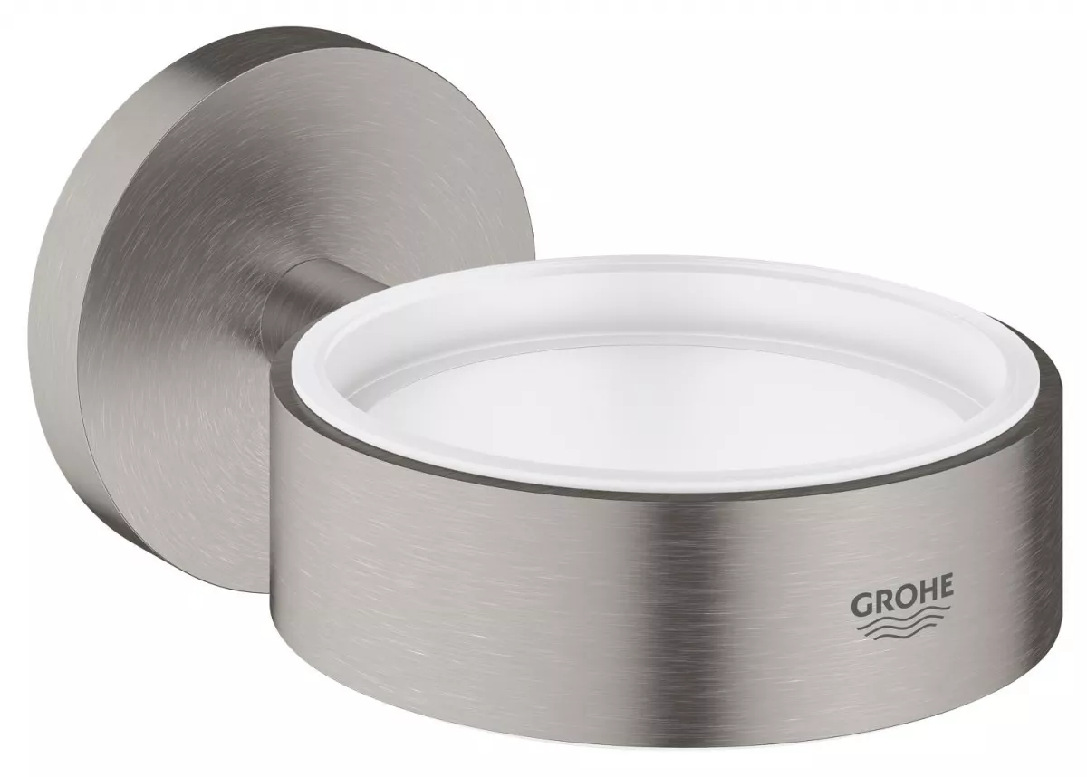 Suport pahar/dozator Grohe 40369DC1, Essentials, pe perete, metal, mat, otel satinat