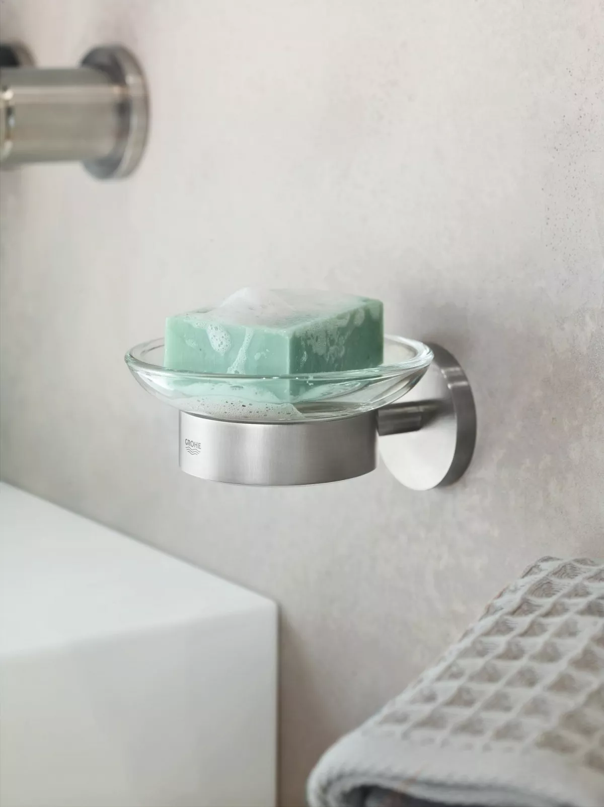 Suport sapun Grohe 41193DC0, Start, pe perete, metal/sticla, mat, otel satinat