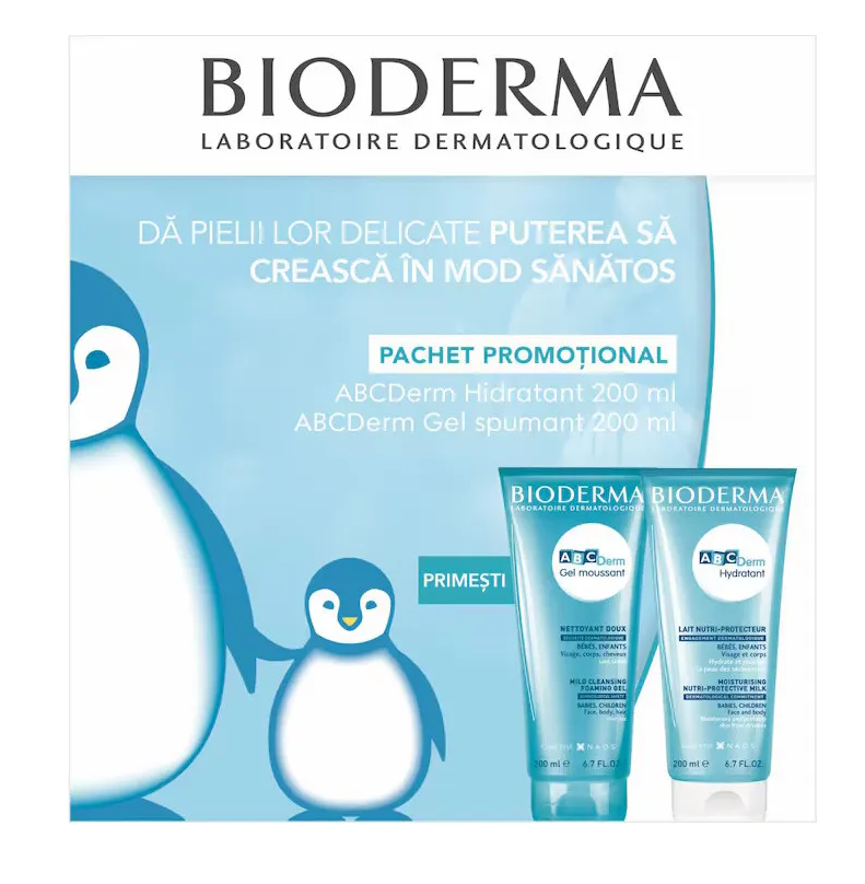 ABCDERM LAPTE HIDRATANT, 200 ML + ABCDERM GEL SPUMANT, 200ML, BIODERMA, [],farmacom.ro