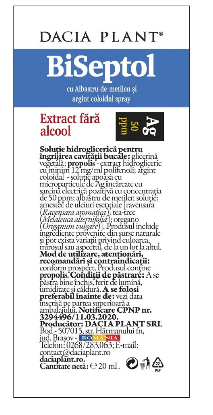 Biseptol Spray cu Albastru de Metilen si Argint coloidal, fara alcool, 20 ml, Dacia Plant
