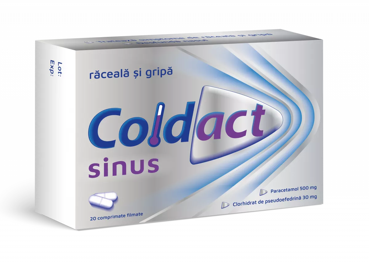 Coldact Sinus raceala si gripa, 500mg/30mg, 20 comprimate, Terapia, [],farmacom.ro