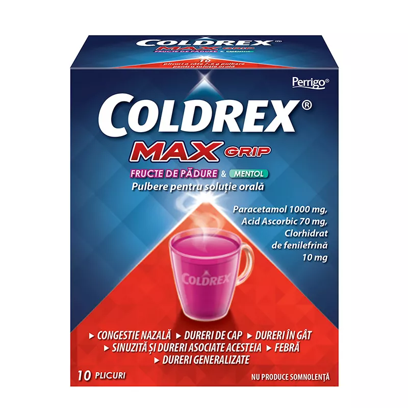 Coldrex maxGrip cu fructe de padure si mentol, 10 plicuri, Perrigo