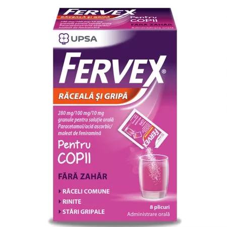 FERVEX PENTRU COPII FARA ZAHAR 280MG/100MG/10MG * 8 PLICURI, [],farmacom.ro