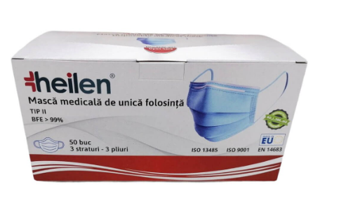 Masca chirurgicala medicala de unica folosinta, 50 bucati, Heilen, [],farmacom.ro