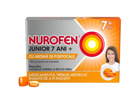 NUROFEN JUNIOR 7 ANI + PORTOCALE * 12 CAPSULE MOI MASTICABILE RECKIT, [],farmacom.ro