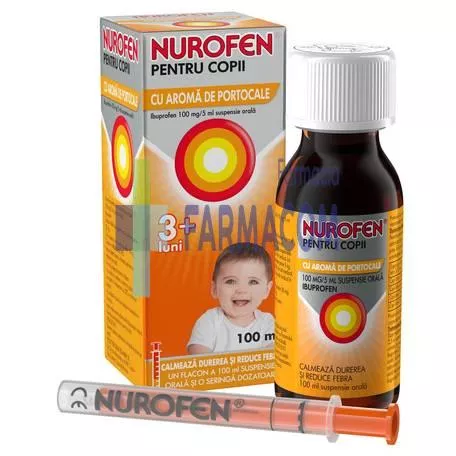 Nurofen sirop pentru copii, aroma portocale, 100 mg/5ml, 100 ml, [],farmacom.ro
