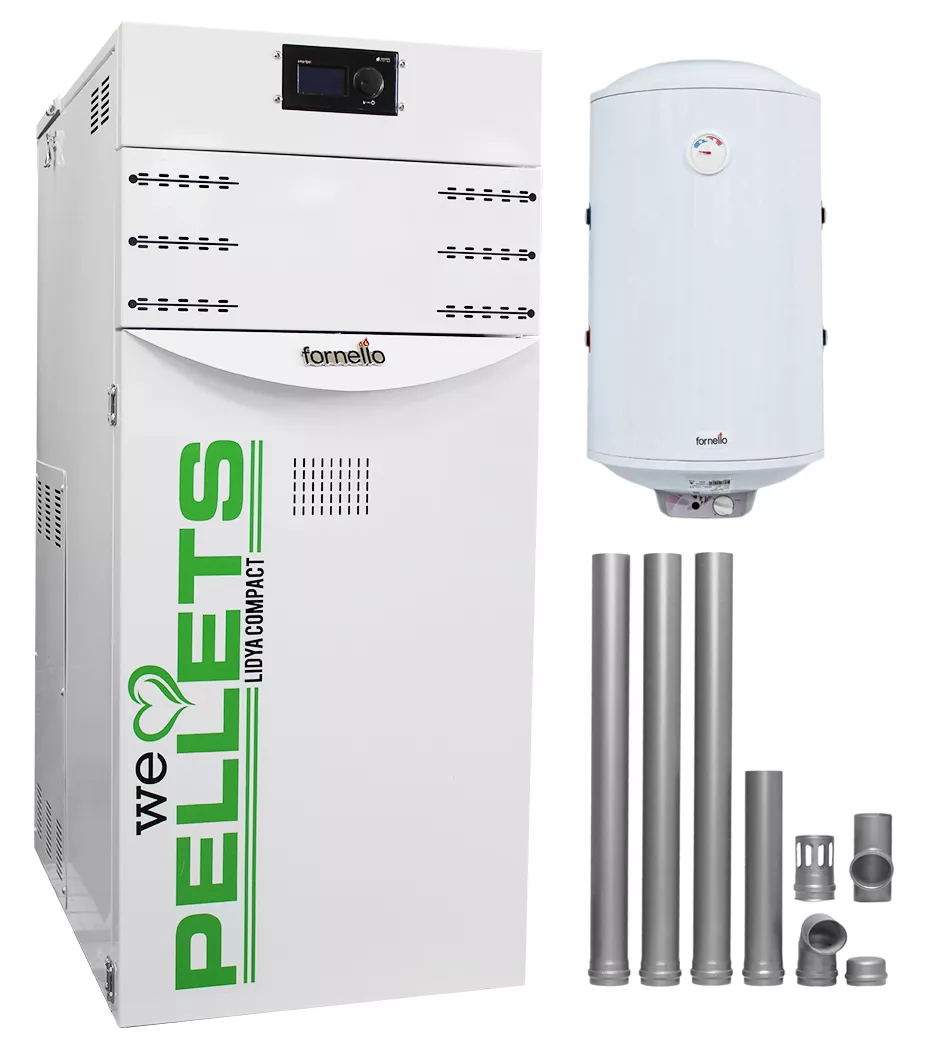 iwatani PREMIUM MILLER ホワイト・グリーン Pachet Centrala termica pe peleti Fornello Lidya Compact 25 kw