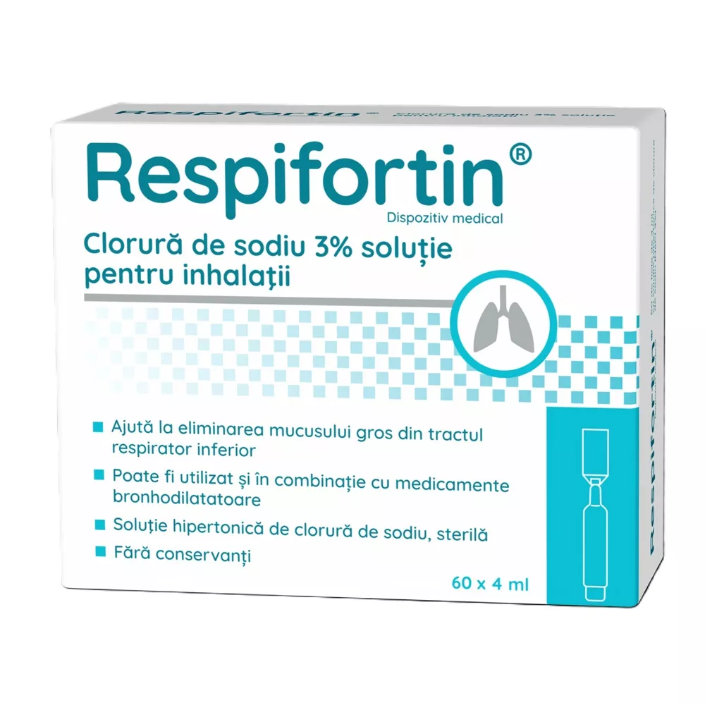 Respifortin Clorura de sodiu 3% soluție pentru inhalații, 60 fiole x 4 ml, Zdrovit