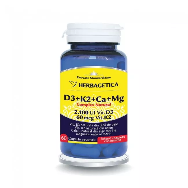 Complex natural cu Vitamina K2, Vitamina D3, Magneziu și Calciu, 60 capsule