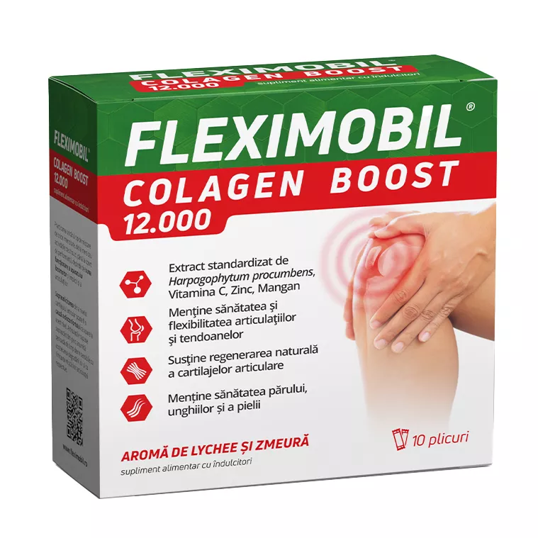 Fleximobil Colagen Boost 12000, aromă de lychee și zmeură,10 plicuri, Fiterman