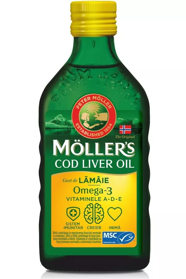 Möller’s cod liver oil omega3, aromă de lămâie, 250 ml